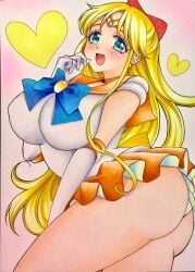 1girls alternate_breast_size ass back_bow bishoujo_senshi_sailor_moon blonde_hair blue_bow blue_eyes blush bow breasts breasts_bigger_than_head choker circlet covered_nipples earrings elbow_gloves female gloves hairbow half_updo heart impossible_clothes jewelry large_breasts long_hair looking_at_viewer magical_girl marker_(medium) minako_aino open_mouth orange_choker orange_sailor_collar orange_skirt pink_background red_bow sailor_collar sailor_senshi_uniform sailor_venus sample skirt smile solo tiara traditional_media watermark white_background white_gloves