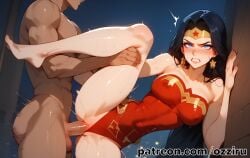 1boy 1boy1girl absurd_res ai_generated bed bedroom black_hair dc dc_comics dcau female female_focus female_penetrated fucked_from_behind fucked_silly hi_res highres indoors justice_league leg_grab long_hair male male/female male_penetrating male_penetrating_female ozziru patreon pinned revealing_clothes rough_sex self_upload sex sex_from_behind spread_legs standing standing_sex straight superhero superheroine tiara uncensored wonder_woman wonder_woman_(series)