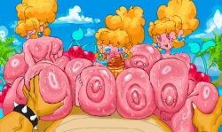 3girls adama39062 big_penis bowser clone female huge_ass huge_breasts male mario_(series) nintendo nipple_piercing paizuri princess_peach sweat wet_skin