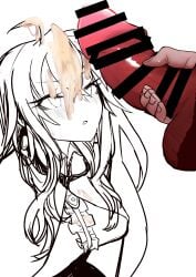 balls censor_bar clothed_female_nude_male cum dronya ejaculation jerking jerkingoff labyrinth_of_refrain looking_at_penis morotom0shinaba nippon_ichi_software penis red_penis testicles