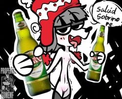 2025 alcohol alcohol_bottles alcoholic_drink beanie_hat bedroom_eyes beer caucasian caucasian_female dialogue dog_ears eyebrows_visible_through_hair fifi_(somemf) flat_chest flat_chested green_bottle grey_hair grey_thighhighs hat la_tiapat mouth nude nude_female offering_drink offering_food open_mouth poodle pussy red_hat tagme tipsy tongue tongue_out toque watermark