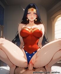 1boy 1boy1girl absurd_res ai_generated bed bedroom black_hair cowgirl_position dc dc_comics dc_super_hero_girls dcau female female_focus female_penetrated hi_res highres indoors justice_league long_hair male male/female male_penetrating male_penetrating_female ozziru patreon pov pov_eye_contact revealing_clothes riding riding_penis self_upload sex spread_legs straight superhero superheroine tiara uncensored wonder_woman wonder_woman_(series)