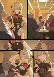 1girls bear blonde_hair china_dress dress eyewear_on_head female female_focus furry hi_res highres light-skinned_female light_skin male mihoyo multiple_boys multiple_views sunglasses sunglasses_on_head sweety_(zenless_zone_zero) thiren yamomo yamomono zenless_zone_zero