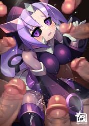6+boys azure_striker_gunvolt azure_striker_gunvolt_1 black_bodysuit black_sclera blush bodysuit breasts censored colored_sclera covered_nipples elise_(gunvolt) female female_ejaculation gangbang group_sex gummyrise handjob highres large_breasts long_hair male mosaic_censoring multiple_boys purple_eyes purple_hair pussy_juice sex straight vaginal_penetration