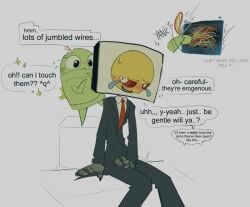 blush comic_page greedyghoul non-human r.e.p.o. robot semibot size_difference static tagme taxman_(r.e.p.o.) text tv tv_head wire wireplay wires