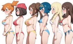 6+girls ai_generated arms_behind_back ass asymmetrical_hair bangs bare_arms bare_shoulders beanie bikini bikini_bottom black_hair blonde_hair blue_bikini blue_eyes blue_hair blue_swimsuit blush bodily_fluids braid breast_envy breasts brown_hair clavicle cleavage closed_mouth clothing double_bun female floral_print green_eyes hair_bun hair_ornament hairband halterneck hat headwear kasumi_(pokemon) lana_(pokemon) large_breasts leaf_(pokemon) lillie_(pokemon) lineup long_hair looking_at_another medium_breasts multiple_girls navel open_mouth orange_hair poke_ball_print poke_ball_theme pokemon pokemon_character ponytail print_bikini print_swimsuit red_bikini red_headwear red_swimsuit rosa_(pokemon) selene_(pokemon) short_hair side-tie_bikini side-tie_bikini_bottom side-tie_clothing side-tie_swimsuit side_ponytail sideboob sidelocks small_breasts smile standing stomach strap_gap string_bikini striped sweat sweatdrop swimsuit thighs tied_hair trial_captain twin_braids twintails white_bikini white_headwear white_swimsuit
