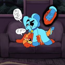 bubba_bubbaphant critters_(poppy_playtime) cyan_body cyan_fur cyan_skin dogday dogday_(poppy_playtime) male male/male no_humans orange_body orange_fur orange_skin poppy_playtime poppy_playtime_(chapter_3) smiling_critters