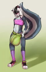 anthro balls blush bulge clothed clothing fluffy_tail furry girly hyper hyper_balls hyper_penis male male_only nikoh penis skunk solo tongue tongue_out tube_top