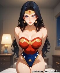 absurd_res ai_generated bed bedroom black_hair dc dc_comics dc_super_hero_girls dcau female female_focus hi_res highres indoors justice_league long_hair ozziru patreon revealing_clothes self_upload superhero superheroine tiara uncensored wonder_woman wonder_woman_(series)
