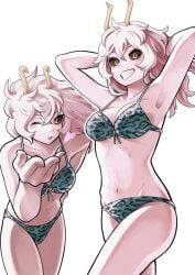 1girl 1girls belly belly_button bikini black_eyes black_sclera blowing_kiss female grin grinning grinning_at_viewer hands_behind_head holic_fz horns mina_ashido my_hero_academia navel pink_hair pink_skin short_hair sole_female swimsuit tagme yellow_eyes