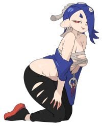 1girls bare_shoulders big_ass big_breasts black_pants blue_hair breasts cleavage female hair hair_ornament huge_ass large_breasts looking_at_viewer nintendo octoling octoling_girl pants red_eyes ripped_pants shiny_skin shiver_(splatoon) short_hair simple_background solo solo_female solo_focus splatoon splatoon_3 tentacle_hair thighs white_background yuta_agc