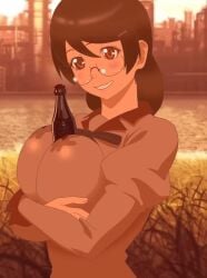 animated breasts clothed_paizuri glasses hanekawa_tsubasa huge_breasts inanimate_object kenmaruart7 long_hair monogatari_(series) paizuri school_uniform smile soda tagme video