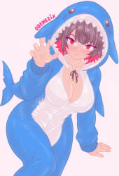 ellen_joe female female_only female_focus shark shark_girl shark_hood cute sitting odenezix simple_background tagme pose sexy sexy_pose zenless_zone_zero