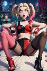 1girls ai_generated bed black_choker blonde_hair blue_eyes blue_hair boots breasts choker crop_top dc dc_comics eyeshadow female fingerless_gloves gloves gradient_hair harley_quinn harley_quinn_(series) hi_res high_heels lipstick looking_at_viewer makeup medium_breasts midriff moon multicolored_clothes multicolored_hair nail_polish navel night on_bed open_mouth pantyhose patreon_username pillow pink_hair progenarts red_lips red_nails shorts sitting solo sports_bra spread_legs thighhighs twintails window