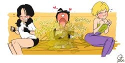 2girls1boy black_hair blonde_hair dragon_ball dragon_ball_z enjoying_farts erasa fart fart_cloud fart_fetish farting farting_on_another female hearts_around_head looking_pleasured looking_up male oddtenn simple_background son_gohan tenuousoddity tied_up videl