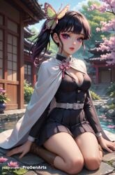 1girls ai_generated architecture artist_name belt black_hair black_jacket black_skirt blunt_bangs boots breasts buckle butterfly_hair_ornament cape cleavage day demon_slayer demon_slayer_uniform east_asian_architecture flower gradient_hair hair_ornament hi_res jacket kimetsu_no_yaiba knee_boots lips long_hair long_sleeves looking_at_viewer medium_breasts miniskirt multicolored_hair outdoors parted_lips patreon_username pink_flower pleated_skirt progenarts purple_eyes side_ponytail sitting skirt sky solo thighs tsuyuri_kanao white_belt white_cape