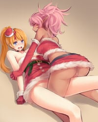 2girls ariel_(elsword) ass bare_shoulders blonde_hair blue_eyes breasts chloe_(elsword) choker christmas dark_elf dark_skin elbow_gloves elf elsword facial_mark female frottage gloves grinding highres kerasu leg_between_thighs long_hair multiple_girls nipples no_panties pointy_ears ponytail purple_eyes purple_hair pussy pussy_juice red_gloves ricegnat rough smile tied_hair yuri