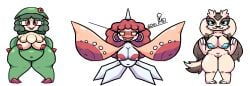 anthro belly big_breasts blue_nipples bodily_fluids breasts breloom digital_media_(artwork) drooling ear_piercing ear_ring eyelashes female fur gdei generation_3_pokemon genitals group hair heart_eyes heart_symbol humanoid inverted_nipples linoone masquerain multicolored_body nintendo nipples nude open_mouth overweight overweight_female piercing pokemon pokemon_(species) red_nipples ring_piercing saliva slightly_chubby tail thick_eyelashes thick_thighs trio wings