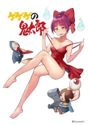 1girls 3boys barefoot blunt_bangs blush chibi cleavage dress female female_focus full_body gegege_no_kitarou_6 hair_bun hair_ribbon high_heels ittan_momen kitarou medama_oyaji nekomusume nekomusume_(gegege_no_kitarou_6) nezumi_otoko no_bra nurikabe pointy_ears purple_hair shoes_removed small_breasts smile solo_focus suou-sensei undressing yellow_eyes youkai