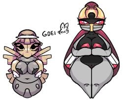 anthro big_breasts breasts brown_hair digital_media_(artwork) duo female gdei generation_3_pokemon genitals hair huge_thighs multicolored_body ninjask nintendo nipples nude pokemon pokemon_(species) red_eyes red_hair red_nipples shedinja small_waist thick_thighs wings