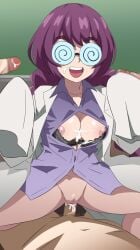 1girls 3boys beyblade beyblade_x bra breasts eyebrows_visible_through_hair female hiropon hiropon_(hjxp2347) lab_coat light-skinned_female light_skin male megaoka_(beyblade_x) nipples purple_hair sex spiral_glasses takara_tomy