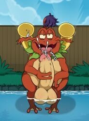 amphibian antennae_(anatomy) anthro aroused aroused_face aroused_smile balls bandage bandai_namco big_balls big_penis blast bodily_fluids brass_instrument cloud collar cum cum_on_object cumshot detailed_background digimon digimon_(species) ejaculation english_text erection feet fence fist frog genital_fluids genitals grass hair half-closed_eyes hand_on_penis hi_res hot_spring huge_balls huge_cock hyper hyper_balls hyper_genitalia hyper_penis leaf leaf_clothing leaf_collar looking_pleasured looking_up male masturbation membrane_(anatomy) motion_lines multicolored_body musical_instrument narrowed_eyes navel onomatopoeia open_mouth orange_eyes orgasm orgasm_face overweight overweight_male penis plant pleasured_male pool purple_hair red_body red_skin shogungekomon shrub sitting sitting_on_ground sky solo sound_effects teeth text throbbing throbbing_balls throbbing_penis toad toes tongue tremble_lines two_tone_body vein veiny_penis vorechestra water webbed_feet webbed_hands whiskers wind_instrument yellow_sclera