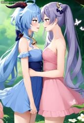 2girls ahoge ai_generated asymmetrical_docking bangs bare_shoulders bell blue_dress blue_hair blush bow braid breast_press breasts bug butterfly cone_hair_bun cowboy_shot dandanhub double_bun dress eye_contact female flower from_side ganyu_(genshin_impact) ganyu_\\\\\\\\(genshin_impact\\\\\\\\) genshin_impact goat_horns grass hair_bun hair_ornament hairbow horns keqing_(genshin_impact) keqing_\\\\\\\\(genshin_impact\\\\\\\\) long_hair looking_at_another medium_breasts multiple_girls neck_bell open_mouth outdoors pink_dress profile purple_eyes purple_hair smile standing strapless strapless_dress symmetrical_docking twintails very_long_hair white_flower yuri