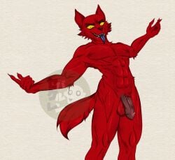 anthro athletic blue_tongue brown_penis canid canine fangs flaccid fur genitals grimm_(last69skulls) male mammal maned_wolf manedwolf_grimm_(last69skulls) muscular nails open_mouth penis presenting red_body red_fur sharp_teeth skelebalung solo teeth tongue yellow_eyes