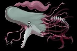 ambiguous_gender black_background blood bodily_fluids body_horror cetacean empty_eyes feral gore grey_body imperatorcaesar mammal marine open_mouth side_view simple_background solo spine whale white_body white_eyes
