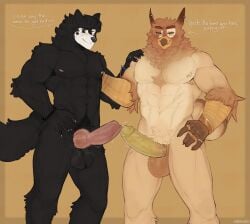 abs absurd_res accessory animal_genitalia animal_penis anthro armpit_hair avian balls beak big_balls bird black_body black_eyes black_fur blush bodily_fluids body_hair bracelet brown_body canid canine canine_genitalia canine_penis canis cerberussenn chu_(sound_effect) claws cock_ring comparing comparing_penis dialogue dripping duo ear_piercing english_text facial_hair fur genital_fluids genitals green_eyes green_penis hand_on_hip hand_on_shoulder happy_trail hi_res humanoid_genitalia humanoid_penis jewelry knot lovesong_(krampusivyy) luan_sweeto_(cerberussenn) male male/male mammal markings mole_(marking) muscular musk nipples penis penis_accessory penis_jewelry pie_cut_eyes piercing precum precum_drip pubes ring slicked_back_hair smile text touching_tips vein veiny_penis white_body white_fur wolf