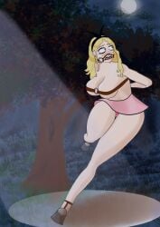 bikini blonde_hair blue_eyes bondage crying crying_with_eyes_open distress fear floodlight hoof_boots humiliated large_breasts microskirt miniskirt nirami pink_underwear ponygirl queen_of_hearts running shame skirt thick_thighs thong