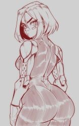1girls alita annoyed_expression ass ass_crack back_view battle_angel_alita big_ass big_butt bob_cut bodysuit breasts butt_crack cybernetic_arm cybernetics cyborg female female_only looking_at_viewer monochrome reliusmax sketch stern_expression