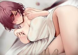 bare_arms bare_legs bare_shoulders bare_thighs bed bed_sheet blush breasts brown_hair cleavage closed_mouth collarbone covering_privates hairpin higuchi_madoka idolmaster idolmaster_shiny_colors medium_breasts mole mole_under_eye naked_sheet pov pov_hands purple_eyes short_hair thighs zeragoes