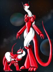 2_tone_body anthro ass big_breasts big_butt biped breasts duo female fluffy_(team_galaxy) long_tail machine mini_me nipples non-mammal_nipples quadruped raptorsr red_body robot robot_anthro rule_63 standing tail team_galaxy thick_thighs white_body wide_hips