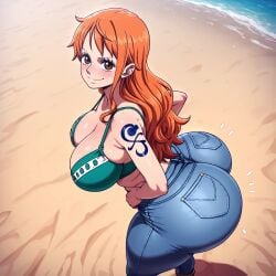 ai ai_generated ass astrawaifu big_ass big_breasts big_butt booty bottom_heavy brown_eyes curvy curvy_ass curvy_body curvy_female curvy_figure curvy_hips dat_ass hands_on_hips huge_ass jeans large_ass large_breasts light-skinned_female nami_(one_piece) one_piece orange_hair presenting_ass thick_ass thick_hips thick_thighs