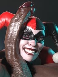 batman_(series) big_penis blender cabezadeperro00 dark-skinned_male dark_skin dc dc_comics face_against_penis female harley_quinn harley_quinn_(injustice) injustice_2 interracial interracial_sex lipstick makeup male penis smile