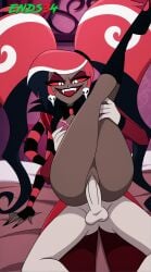 2025 ai_generated black_nails crossed_legs dark-skinned_female demon demon_girl ends34 female female_focus goth goth_girl grabbing grabbing_from_behind hazbin_hotel indoors jewelry legs_up red_eyes red_hair sex sex_from_behind smile vagina vaginal_penetration vaginal_sex velvette