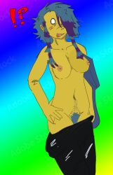 1girls 2d blue_hair breasts breasts_out bush doomspire_defense female orange_nipples pubic_hair roblox roblox_game robloxian rockstar_(doomspire_defense) scene self_upload starpox tagme undressing yellow_skin