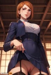 1girls ai_generated artist_name ass_visible_through_thighs black_thighhighs blue_skirt breasts brown_eyes brown_hair clothes_lift cropped_jacket garter_straps hi_res high-waist_skirt indoors jacket jujutsu_kaisen kugisaki_nobara large_breasts lifted_by_self lips long_sleeves looking_at_viewer nipples no_panties parted_lips patreon_logo patreon_username pleated_skirt pussy rule34lab school_uniform shirt short_hair skirt skirt_lift solo thighhighs uncensored web_address white_shirt