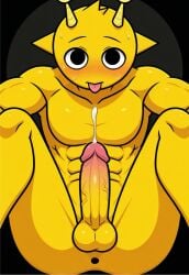 1boy ai_generated antennae anthro blush erection gay hot_pose knees_up looking_at_viewer male precum precum_drip sexy_pose simon_(sprunki) solo sprunki sweating tongue tongue_out yaoi yellow_body