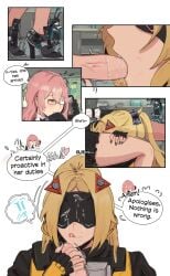 blowjob blowjob_under_desk blowjob_under_table blush cum cum_on_face cumming dominant_female female female_focus female_only futa_on_female futanari hoyoverse licking licking_cum licking_lips masked masked_female submissive_female thick_thighs thighs trigger_(zenless_zone_zero) tsukishiro_yanagi yuri zanqi zenless_zone_zero
