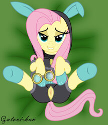 animal_ears bodysuit equine female fluttershy_(mlp) friendship_is_magic gutovi-kun horse lying my_little_pony on_back pegasus pony rabbit_ears seductive smile stockings straight_hair wings