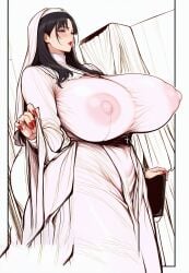 black_hair breasts cross curvy dress female gigantic_breasts nipples nun nun's_habit nun_outfit red_lipstick red_nail_polish sketch_background transparent_clothing voluptuous