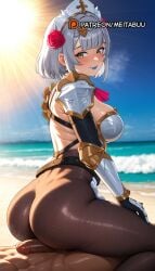 1boy abs ai_generated armor ass beach black_pantyhose blue_lips blush braid braided_bangs breastplate breasts buttjob censored clothed_female_nude_male cowgirl_position dark-skinned_male dark_skin day erection female flower gauntlets genshin_impact green_eyes grey_hair hair_flower hair_ornament interracial large_breasts looking_at_viewer looking_back maid_headdress male meitabuu mosaic_censoring muscular noelle_(genshin_impact) nude ocean outdoors pantyhose pauldrons penis pov red_ascot red_flower red_rose rose sand short_hair shoulder_armor sitting sitting_on_person smile solo_focus straddling straight sun sweat thighs tongue water