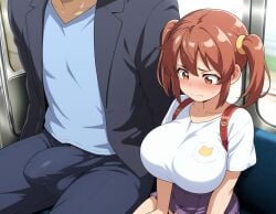 ai_generated blush blush blushing_female breasts breasts_bigger_than_head breasts_bigger_than_torso embarrassed embarrassed_expression embarrassed_female erect_penis erection erection_under_clothes erection_under_clothing giant_boobs giant_breasts huge_boobs huge_breasts older_male older_male_and_younger_female oppai penis_outline penis_under_clothes public school_girl school_uniform schoolgirl schoolgirl_uniform train_interior twintails younger_female