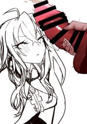 balls censor_bar clothed_female_nude_male cum dronya ejaculation jerking jerkingoff labyrinth_of_refrain looking_at_penis morotom0shinaba nippon_ichi_software penis red_penis testicles
