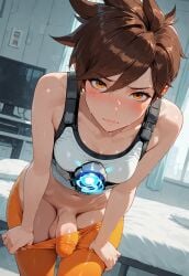 1futa ai_generated balls brown_hair erection erection_under_clothes futa_only futanari intersex jamesbron leggings leggings_pull looking_at_viewer navel no_panties overwatch pants_pull penis penis_bulge penis_reveal revealing_penis short_hair small_breasts solo solo_futa standing thighs tracer