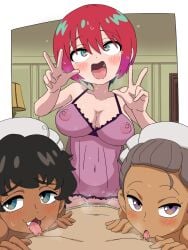 1boy 3girls :3 ahe_gao amate_yuzuriha babydoll black_hair blue_eyes blush breasts clothed_female_nude_male clothed_sex commentary_request covered_nipples cowgirl_position dark-skinned_female dark_skin double_v faceless faceless_male female green_eyes grey_hair gundam gundam_gquuuuuux happy happy_sex highres kanchana ketsumoa large_areolae large_breasts licking licking_nipple lingerie maid_headdress male multiple_girls nipple_stimulation nipples nude oerba_yun_fang open_mouth pov purple_babydoll purple_eyes red_hair see-through_clothes sex short_hair smile straddling textless_version underwear v vani_(gundam)