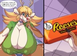 1girls anthro antlers biting_lip blonde_hair breasts brown_fur chocolate cleavage deer desiree_(spiralingstaircase) doe dolphin_shorts english_text female female_focus female_only furry green_eyes hips hyper_breasts large_breasts nipple_bulge reese's reindeer reindeer_antlers short_shorts shorts spiralingstaircase spotted_fur text thick_thighs thighs wide_hips