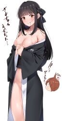 1girls big_breasts black_hair blunt_bangs blush cleavage convenient_censoring female female_focus gegege_no_kitarou hair_ribbon japanese_text kimono kipples kitarou kitarou_tanjou_gegege_no_nazo long_hair looking_at_viewer medama_oyaji_(human) mole_on_breast mole_under_eye no_bra no_panties off_shoulder open_kimono ryuuga_sayo solo_focus sweat